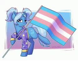 Size: 4200x3300 | Tagged: safe, artist:violyre, derpibooru import, trixie, pony, unicorn, abstract background, alternate hairstyle, babysitter trixie, clothes, female, flag, hoodie, lgbt headcanon, mare, pigtails, pride, pride flag, solo, tongue out, trans girl, trans trixie, transgender, transgender pride flag, twintails