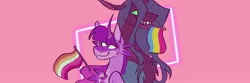 Size: 1500x500 | Tagged: safe, artist:rockin_candies, derpibooru import, queen chrysalis, twilight sparkle, twilight sparkle (alicorn), alicorn, changeling, changeling queen, pony, abstract background, banner, bust, chest fluff, curved horn, female, horn, lesbian, lesbian pride flag, looking at each other, pansexual pride flag, pink background, pride, pride flag, sharp teeth, shipping, simple background, smiling, teeth, twisalis