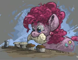 Size: 3300x2550 | Tagged: safe, artist:rigbyh00ves, derpibooru import, pinkie pie, earth pony, pony, baking, cupcake, female, food, icing bag, looking at something, mare, mouth hold, solo, three quarter view