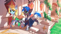 Size: 2500x1406 | Tagged: safe, artist:redchetgreen, derpibooru import, oc, oc:art's desire, oc:lock down, unofficial characters only, pony, unicorn, academy, armor, clothes, duo, male, open mouth, outdoors, scenery, stallion