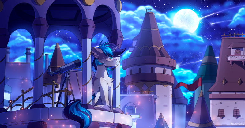Size: 2015x1054 | Tagged: safe, artist:redchetgreen, derpibooru import, oc, unofficial characters only, pony, building, full moon, male, moon, sitting, smiling, solo, stallion, stars, telescope