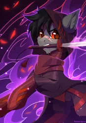 Size: 1200x1710 | Tagged: safe, artist:redchetgreen, derpibooru import, oc, unofficial characters only, pony, assassin, clothes, male, mouth hold, red eyes, stallion, sword, weapon