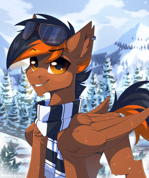 Size: 1400x1676 | Tagged: safe, artist:redchetgreen, derpibooru import, oc, unofficial characters only, pegasus, pony, cute, goggles, handsome, male, scenery, scenery porn, smiling, snow, solo, stallion, tree