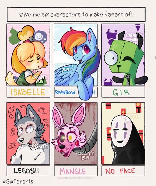 Size: 1080x1289 | Tagged: safe, artist:creamyybun, derpibooru import, rainbow dash, anthro, dog, pegasus, pony, wolf, six fanarts, animal crossing, animatronic, anthro with ponies, beastars, bust, clothes, crossover, five nights at freddy's, gir, heterochromia, invader zim, isabelle, legosi (beastars), male, mangle, misspelling, no face, one eye closed, open mouth, out of frame, smiling, spirited away, wink