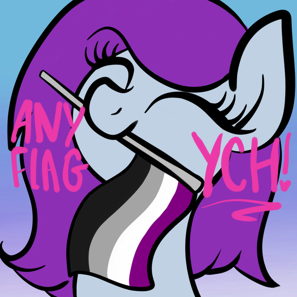 Size: 2100x2100 | Tagged: safe, artist:lannielona, derpibooru import, pony, advertisement, asexual, asexual pride flag, bust, commission, eyes closed, female, gradient background, mare, mouth hold, portrait, pride, pride flag, pride month, pride ponies, smiling, solo, your character here