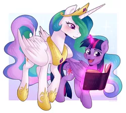 Size: 1962x1756 | Tagged: safe, artist:daxratchet, derpibooru import, princess celestia, twilight sparkle, twilight sparkle (alicorn), alicorn, pony, book, duo, female, glowing horn, hoof shoes, horn, jewelry, magic, mare, open mouth, peytral, reading, smiling, telekinesis, tiara