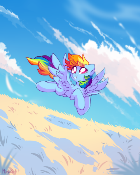 Size: 1788x2236 | Tagged: safe, artist:mirtash, derpibooru import, rainbow dash, pegasus, pony, chest fluff, cloud, ear fluff, female, flying, grass, grass field, looking up, mare, outdoors, sky, smiling, solo, spread wings, wings