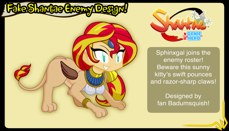 Size: 3738x2132 | Tagged: safe, artist:badumsquish, derpibooru import, sunset shimmer, genie, monster girl, sphinx, equestria girls, bracelet, crossover, fake ad, female, folded wings, grin, imminent pounce, jewelry, ponytail, shantae, shantae: half-genie hero, sharp teeth, smiling, solo, species swap, sphinxified, style emulation, teeth, tiara, video game, video game crossover, wayforward, wings