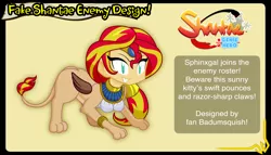 Size: 3738x2132 | Tagged: safe, artist:badumsquish, derpibooru import, sunset shimmer, genie, monster girl, sphinx, equestria girls, bracelet, crossover, fake ad, female, folded wings, grin, imminent pounce, jewelry, ponytail, shantae, shantae: half-genie hero, sharp teeth, smiling, solo, species swap, sphinxified, style emulation, teeth, tiara, video game, video game crossover, wayforward, wings