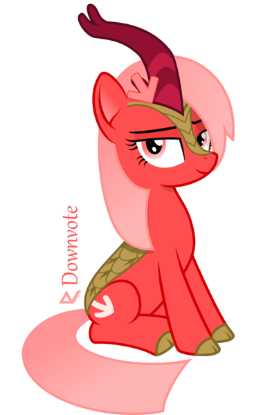 Size: 1590x2600 | Tagged: safe, artist:arifproject, derpibooru import, edit, oc, oc:downvote, ponified, kirin, pony, derpibooru, cloven hooves, cute, derpibooru ponified, female, horn, kirinified, looking at you, mare, meta, simple background, sitting, smiling, smirk, species swap, text, transparent background, vector