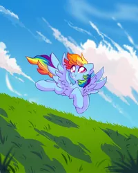 Size: 2000x2500 | Tagged: safe, alternate version, artist:mirtash, derpibooru import, rainbow dash, pegasus, pony, chest fluff, cloud, ear fluff, female, flying, grass, grass field, high res, looking up, mare, outdoors, sky, smiling, solo, spread wings, wings