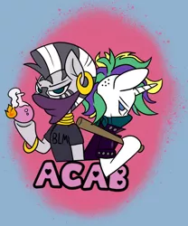 Size: 1052x1262 | Tagged: safe, artist:amynewblue, derpibooru import, rarity, zecora, anthro, pony, unicorn, zebra, acab, alternate hairstyle, baseball bat, black lives matter, duo, duo female, ear piercing, earring, female, jewelry, mare, molotov cocktail, mouthpiece, neck rings, piercing, politics, punk, raripunk