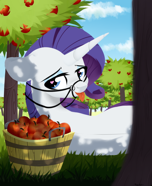 Size: 1300x1600 | Tagged: safe, artist:shiny, derpibooru import, rarity, pony, unicorn, apple, apple orchard, apple tree, bridle, female, food, heart eyes, laying on ground, looking at you, mare, orchard, reins, solo, tack, tongue out, tree, wingding eyes