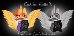 Size: 6671x3259 | Tagged: alicorn, alicorn oc, artist:doraeartdreams-aspy, bandana, black lives matter, bodysuit, derpibooru import, duo, flag, george floyd, george floyd protests, hippie, horn, jewelry, necklace, oc, oc:aspen, peace suit, peace symbol, politics, protest, safe, wings