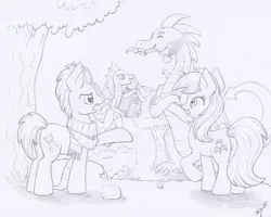 Size: 3050x2445 | Tagged: safe, artist:xeviousgreenii, derpibooru import, doctor whooves, roseluck, time turner, dragon, pony, apple, atg 2020, food, monochrome, newbie artist training grounds, traditional art, tree