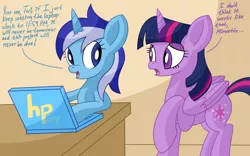 Size: 2400x1500 | Tagged: safe, artist:notadeliciouspotato, derpibooru import, minuette, twilight sparkle, twilight sparkle (alicorn), alicorn, pony, unicorn, atg 2020, computer, dialogue, duo, female, folded wings, frown, hpony, laptop computer, looking at each other, mare, newbie artist training grounds, raised hoof, smiling, speech bubble, table, wings