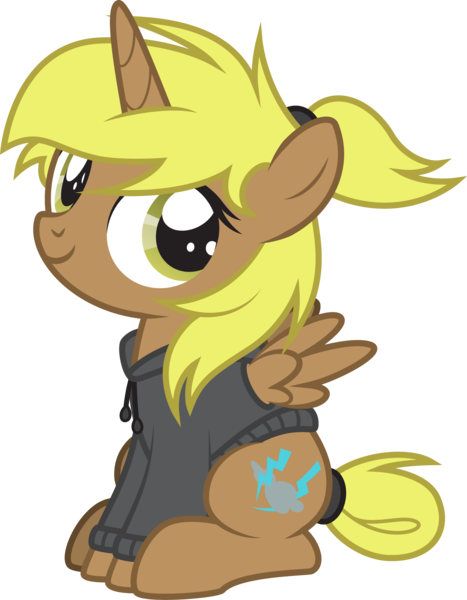 Size: 1589x2042 | Tagged: safe, artist:lightning stripe, derpibooru import, oc, oc:storm cloud, alicorn, pony, brown coat, clothes, commission, cute, cutie mark, female, filly, foal, hoodie, horn, messy mane, ponytail, show accurate, simple background, sitting, solo, tail bun, transparent background, vector, wings, yellow eyes, yellow hair, yellow mane