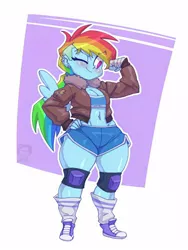 Size: 750x1000 | Tagged: 2020, 2020s, artist:bigdad, belly button, blushing, breasts, cleavage, clothes, confident, converse, derpibooru import, edit, female, flexing, floating wings, gym shorts, hand on hip, horn, human, humanized, jacket, midriff, one eye closed, piercing, pony coloring, rainbow dash, shoes, shorts, shortstack, smiling, sneakers, sports bra, sports shorts, suggestive, thighs, tomboy, wide hips, winged humanization, wings