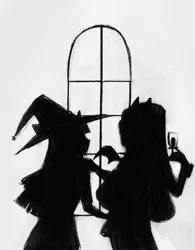 Size: 1645x2114 | Tagged: safe, artist:vilkadvanoli, derpibooru import, rarity, twilight sparkle, vampire, equestria girls, alternate universe, female, glass, hat, lesbian, monochrome, rarilight, shipping, silhouette, window, wine glass, witch, witch hat