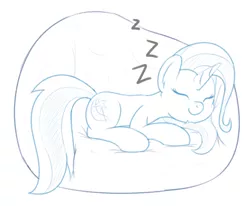 Size: 858x708 | Tagged: safe, artist:djdavid98, derpibooru import, trixie, pony, unicorn, atg 2020, bean bag chair, colored sketch, eyes closed, female, horn, newbie artist training grounds, simple background, sketch, sleeping, solo, white background
