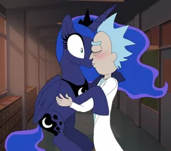 Size: 832x734 | Tagged: safe, artist:unoriginai, derpibooru import, princess luna, alicorn, human, pony, blursed image, blushing, crossover, crossover shipping, cursed image, every day we stray further from god's light, female, human on pony action, interspecies, kissing, lunick, male, poe's law, rick and morty, rick sanchez, shipping, straight, surprised, wat, why