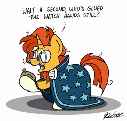 Size: 1024x975 | Tagged: safe, artist:bobthedalek, derpibooru import, sunburst, pony, unicorn, atg 2020, facial hair, glasses, goatee, implied prank, male, messy mane, newbie artist training grounds, pocket watch, simple background, solo, stallion, surprised, unkempt mane, unkempt tail, white background