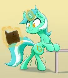 Size: 854x976 | Tagged: safe, artist:ikarooz, derpibooru import, lyra heartstrings, pony, unicorn, atg 2020, bipedal, book, chest fluff, female, magic, mare, newbie artist training grounds, solo, standing, sweat, table, telekinesis, that pony sure does love humans, trembling