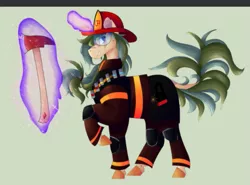 Size: 665x493 | Tagged: safe, derpibooru import, oc, oc:fire cracker, oc:scorcher, unofficial characters only, ghoul, undead, unicorn, fallout equestria, axe, canterlot ghoul, colored hooves, firefighter, glowing horn, goggles, hat, horn, magic, magic aura, raised hoof, telekinesis, unicorn oc, weapon