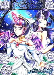Size: 1197x1650 | Tagged: safe, artist:animechristy, derpibooru import, rarity, twilight sparkle, twilight sparkle (alicorn), alicorn, human, unicorn, anime, anime style, clothes, commission, copic, dress, female, flower, horns, humanized, lesbian, markers, marriage, rarilight, rose, scanned, shipping, shipping fuel, sparkles, traditional art, watermark, wedding, wedding dress, white rose