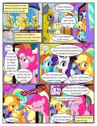 Size: 612x792 | Tagged: safe, artist:newbiespud, derpibooru import, edit, edited screencap, screencap, applejack, pinkie pie, princess cadance, rainbow dash, rarity, alicorn, earth pony, pegasus, pony, unicorn, comic:friendship is dragons, a canterlot wedding, armor, comic, confetti, dialogue, eyes closed, female, hat, helmet, male, mare, screencap comic, smiling, sneezing, stallion