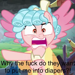 Size: 700x700 | Tagged: safe, derpibooru import, edit, edited screencap, screencap, cozy glow, alicorn, pony, the ending of the end, animation error, caption, cozy glow is best facemaker, cropped, faic, image macro, implied diaper fetish, missing horn, pointing, text, vulgar