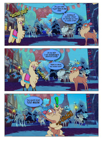 Size: 868x1228 | Tagged: safe, artist:dziadek1990, derpibooru import, edit, edited screencap, screencap, paprika paca, velvet reindeer, alpaca, deer, reindeer, them's fightin' herds, bear hug, comic, community related, hug, ouch, screencap comic, text