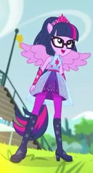 Size: 331x615 | Tagged: safe, derpibooru import, screencap, sci-twi, twilight sparkle, cheer you on, equestria girls, equestria girls series, spoiler:eqg series (season 2), boots, clothes, cropped, female, glasses, ponied up, scitwilicorn, shoes, smiling, solo, super ponied up, wings
