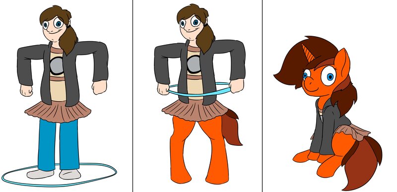 Size: 4096x1983 | Tagged: ambiguous gender, artist:mcsplosion, clothes, derpibooru import, human to pony, jacket, jewelry, male to female, nonbinary, oc, oc:painterly flair, ponytail, ring, rule 63, safe, skirt, transformation, transformation ring, transgender transformation, unofficial characters only