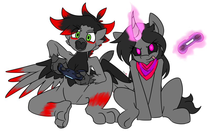 Size: 5176x3240 | Tagged: safe, artist:spheedc, derpibooru import, oc, oc:scorpio, oc:shining burst mk.5, unofficial characters only, android, gryphon, robot, unicorn, controller, game face, gaming, simple background, transparent background