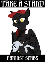 Size: 1440x1980 | Tagged: safe, artist:aaronmk, derpibooru import, oc, oc:sabotage, pony, anarchy, atg 2020, clothes, hat, holding a pony, iww, newbie artist training grounds, politics, scarf, size difference, union