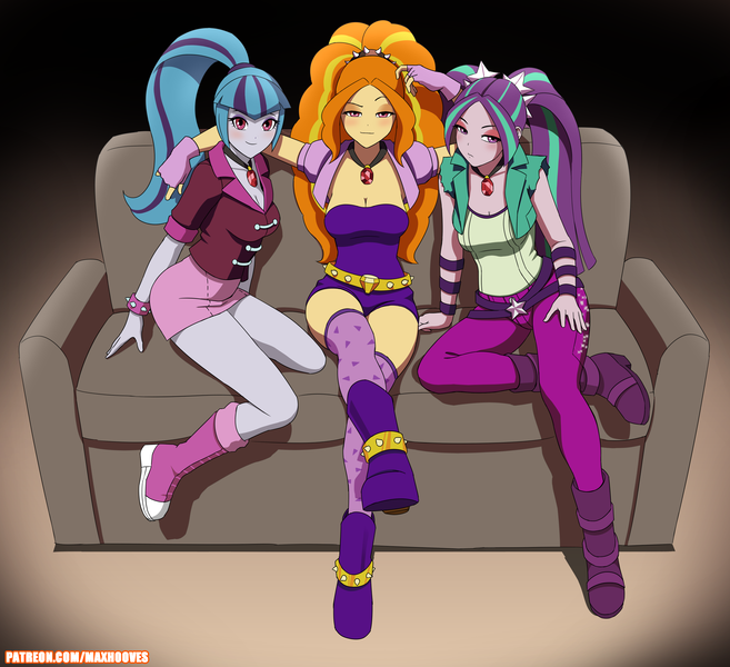 Size: 3168x2893 | Tagged: safe, artist:rambon7, derpibooru import, adagio dazzle, aria blaze, sonata dusk, equestria girls, rainbow rocks, bedroom eyes, blushing, bracelet, breasts, cleavage, couch, crossed legs, female, gem, high res, legs, lidded eyes, looking at you, patreon, pigtails, ponytail, raised eyebrow, siren gem, sitting, spiked wristband, the dazzlings, thighs, trio, trio female, twintails, wristband