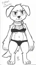 Size: 1912x3480 | Tagged: anthro, artist:buttercupsaiyan, belly button, black underwear, bra, breasts, clothes, collar, derpibooru import, diamond dog, digitigrade anthro, female, monochrome, oc, oc:fluffball, panties, ribbon, solo, solo female, suggestive, underboob, underwear, unofficial characters only