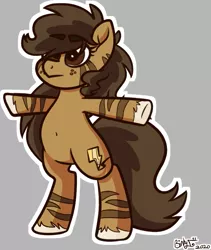 Size: 971x1148 | Tagged: safe, artist:binkyt11, derpibooru import, oc, oc:binky, unofficial characters only, earth pony, hybrid, pony, zony, atg 2020, belly button, bipedal, female, gray background, mare, newbie artist training grounds, simple background, solo, t pose