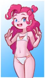 Size: 760x1320 | Tagged: safe, artist:drantyno, derpibooru import, pinkie pie, equestria girls, belly button, bikini, breasts, clothes, cute, delicious flat chest, female, happy, open mouth, peace sign, solo, swimsuit