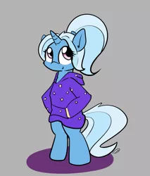 Size: 933x1096 | Tagged: safe, artist:taurson, derpibooru import, trixie, pony, unicorn, alternate hairstyle, babysitter trixie, bipedal, cheek fluff, clothes, cute, diatrixes, digital art, female, hoodie, mare, simple background, solo