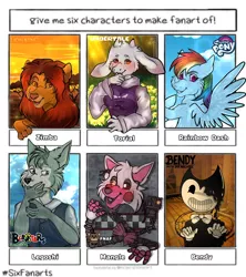 Size: 1080x1214 | Tagged: safe, artist:seung_salisa, derpibooru import, rainbow dash, anthro, big cat, goat, lion, pegasus, pony, wolf, six fanarts, animatronic, anthro with ponies, beastars, bendy and the ink machine, blushing, bust, clothes, cloud, crossover, female, five nights at freddy's, legosi (beastars), mangle, mare, simba, smiling, the lion king, toriel, undertale