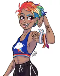 Size: 564x705 | Tagged: safe, artist:ask-sunpie, artist:wimsie, derpibooru import, rainbow dash, human, tumblr:ask sunpie, 2020, 2020s, abs, armpits, clothes, cutie mark, cutie mark on clothes, dark skin, ear piercing, flexing, gym shorts, headcanon, human coloration, humanized, lesbian pride flag, lgbt headcanon, piercing, pink eyes, pride, pride flag, scar, sexuality headcanon, shorts, simple background, solo, sports bra, tanktop, tattoo, tomboy, tongue out, transgender pride flag, white background