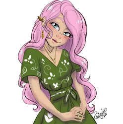 Size: 1280x1290 | Tagged: artist:ask-sunpie, artist:wimsie, clothes, derpibooru import, dress, ear piercing, earring, floral print, fluttershy, human, human coloration, humanized, jewelry, necklace, piercing, safe, simple background, solo, tumblr:ask sunpie, white background