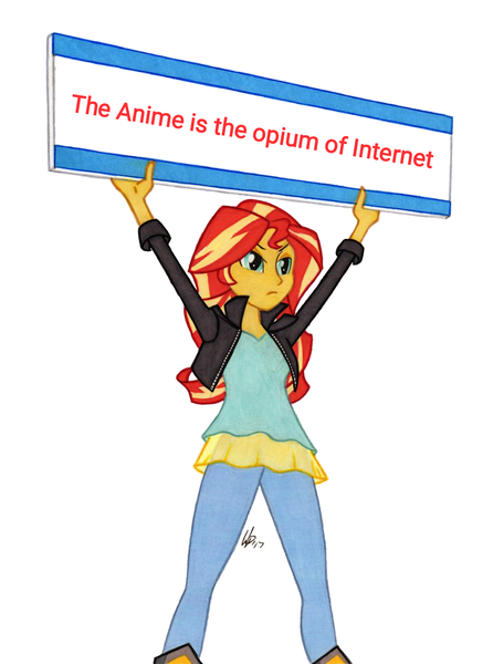 Size: 950x1278 | Tagged: safe, derpibooru import, sunset shimmer, equestria girls, anti anime, board, engrish, exploitable meme, meme, sign, solo, sunset's board