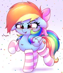 Size: 2150x2500 | Tagged: safe, artist:heavymetalbronyyeah, derpibooru import, rainbow dash, pegasus, pony, blushing, bow, cheek fluff, chest fluff, clothes, confetti, cute, dashabetes, dialogue, ear fluff, female, floppy ears, fluffy, hair bow, high res, mare, nya, open mouth, socks, solo, striped socks, weapons-grade cute