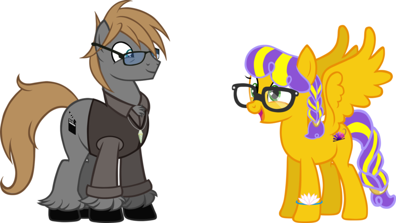 Size: 2000x1125 | Tagged: safe, artist:theeditormlp, derpibooru import, oc, oc:mistress marvelite, oc:the editor, earth pony, pegasus, pony, clothes, female, glasses, male, mare, shirt, simple background, stallion, transparent background, vest