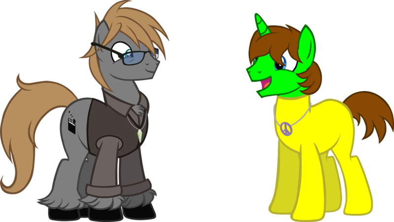 Size: 2000x1125 | Tagged: safe, artist:theeditormlp, derpibooru import, oc, oc:ryan, oc:the editor, earth pony, pony, unicorn, clothes, glasses, male, shirt, simple background, stallion, transparent background, vest