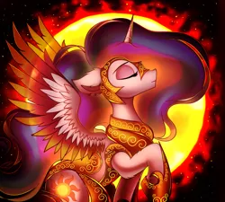 Size: 3570x3210 | Tagged: safe, artist:mite-lime, derpibooru import, princess celestia, alicorn, pony, armor, ear fluff, eyes closed, female, helmet, high res, hoof shoes, leg fluff, mare, profile, solo, sun, two toned wings, wings