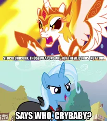 Size: 1280x1440 | Tagged: safe, derpibooru import, edit, edited screencap, editor:jaredking203, screencap, daybreaker, trixie, alicorn, pony, unicorn, a royal problem, magic duel, alicorn amulet, cape, caption, clothes, duo, image macro, meme, text